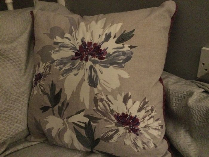 Grey and purple curtains from Next with matching cushion and canvas print
