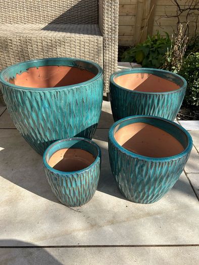 Set of 4 new ceramic glazed terracotta pots