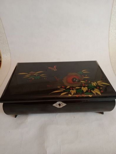 Vintage Large Hand Painted Lacquered Musical Jewelry Box