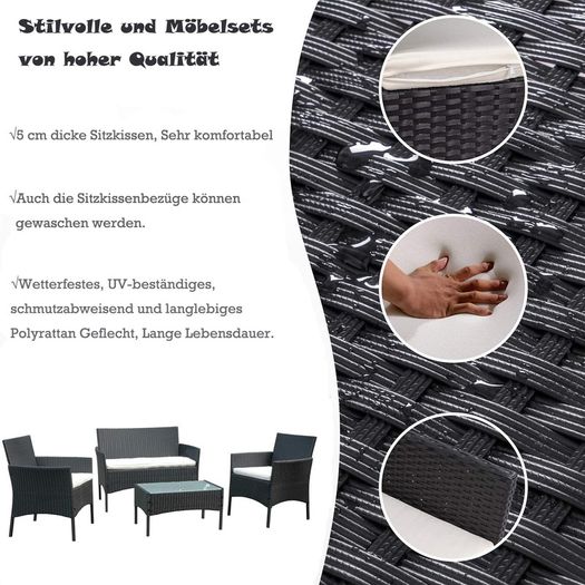 _Garden Lounge Set, Balcony Furniture Set for 4 People, 7 Pieces, with Table, Seat Cushion, Washable, Plastic, Flat Rattan Look, for Balcony or Patio
