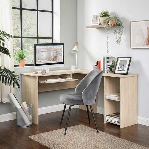 _L-shaped computer table, desk, corner desk with 2 shelves, 60 x 30 cm keyboard shelf, for the office and study, 140 x 120 x 75 cm, oak-colored