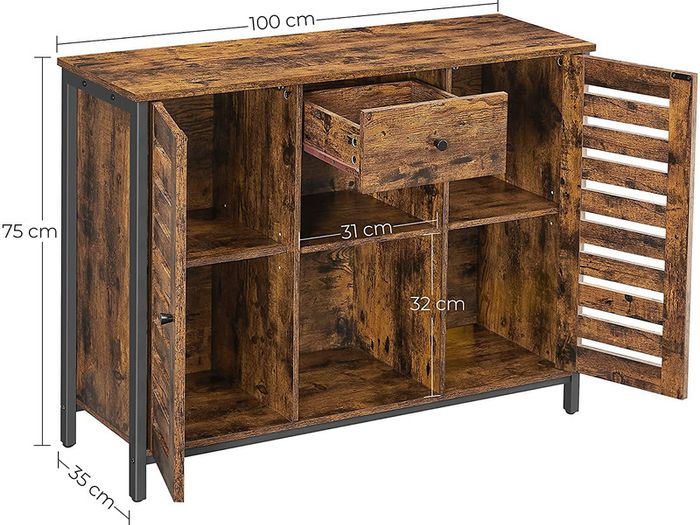 _Sideboard, kitchen cabinet, side cabinet with drawer and lamellar doors, for kitchen, dining room, living room, industrial design, vintage brown-black