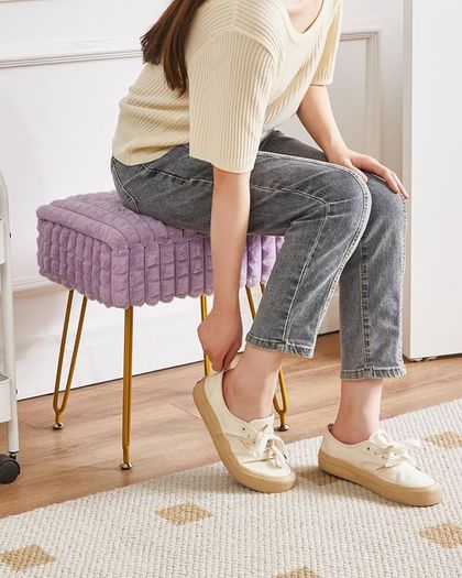Rectangle Vanity Chair with Storage Space, Footrest Footstool Ottoman, Vanity Stool, Dressing Table Chair, with Anti-Slip Feet, for Makeup Room, Bedroom, Square Grid Pattern, Purple
