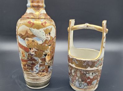Japanese Meiji Satsuma Antique Vase & Bucket 19th Century