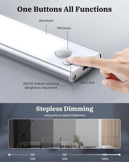 Demkia Under Cabinet Kitchen Lights LED, Motion Sensor Lights Indoor, 6500K Rechargeable Battery Operated Wardrobe Light, Wireless Magnetic USB Powered Strip Stick on Light for Shelf Stairs Counter [Energy Class G]