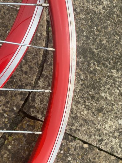 Red Bicycle Wheelset - Fixie/Singlespeed/FixedGear/Track Bike (FlipFlop Rear Hub) Sealed Bearings - Massively Discounted due to Cosmetic Flaws - Red Rims with Silver Spokes and Hubs.