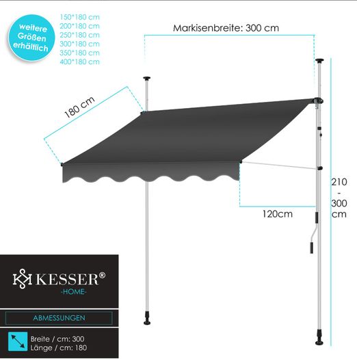 KESSER clamp awning with hand crank 3mtr, balcony awning without drilling, UV-resistant, height-adjustable, water-repellent, sun protection, patio roofing, easy installation
