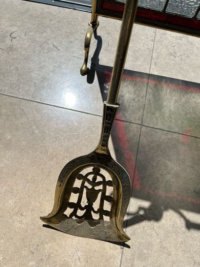 Vintage brass& leaded glass fire screen and brass accessories