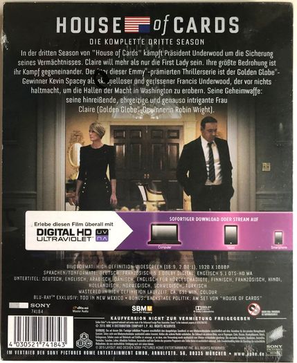 House Of Cards - Season 3 (2015) [Blu-ray TV Digipack] STILL SEALED [IMPORT-Region Free ABC]