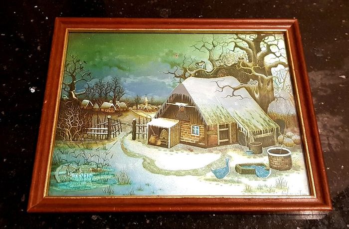 Vintage 1970s Foil Etching of Winter Cottage by Cenkoricam