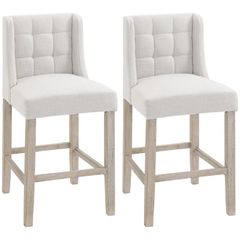 Set of 2 Bar Stools with Button Tufting, Solid Wood, incl. Footrest, 47 cm x 50 cm x 101 cm, Beige