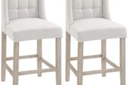 Set of 2 Bar Stools with Button Tufting, Solid Wood, incl. Footrest, 47 cm x 50 cm x 101 cm, Gray + Natural