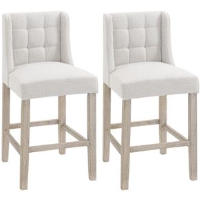Set of 2 Bar Stools with Button Tufting, Solid Wood, incl. Footrest, 47 cm x 50 cm x 101 cm, Gray + Natural