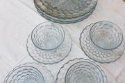 Set of 4 Anchor Hocking Bubble Blue Grill Plates, Cups &amp; Saucers from 1940s