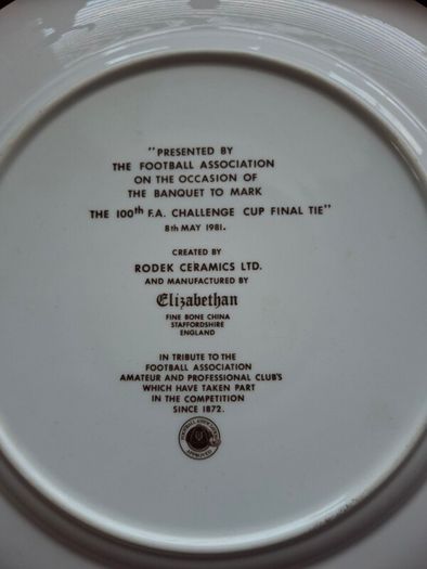 Soccer Fans A Rare !  Vintage Elizbethan Fine BONE China Plate 10.5 ins  100th  Football Final Manchester City  v Tottenham  Hotspur  9th May 1981 Commemorative Lpate Programmes lunches Banquet Details  TEAM winners over the years