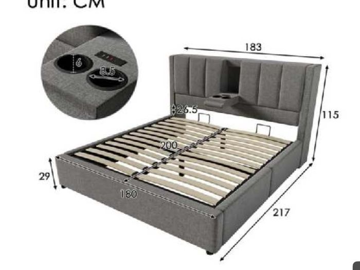 Grey Linen Super King Size Bed with storage,USB ports and cup holders