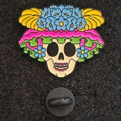Mexican, day of the dead, pin back badge.