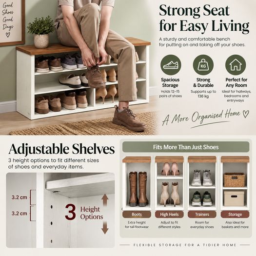 Shoe Storage Bench with Adjustable Shelves 12 to 15 Pairs