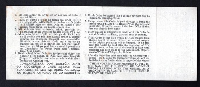 1980 Ireland 50p irish Postal Order for 50p serial Number 07K146076 with Cloth Liath (Greystone, Co. Wicklow) Steel cancel with counterfoil