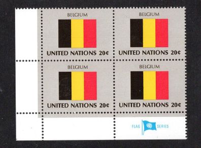 1982 United Nations New York Belgium National Flag (part of flag stamp series) Block of 4 Mint Never Hinged (MNH)