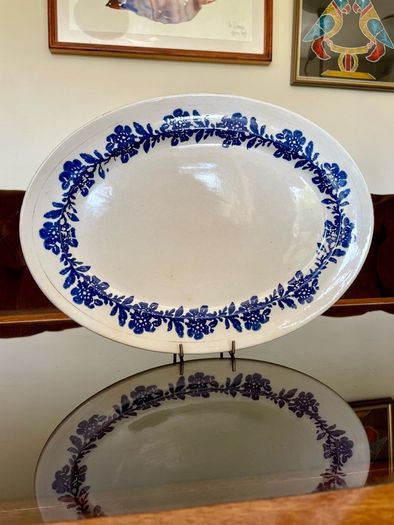 Vernacular Blue and White Spongeware  Floral Platter Unmarked 30 cm