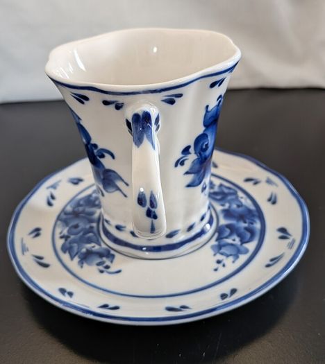 Vintage Russian Gzhel Porcelain Teacup Saucer Katerina Cobalt Blue Stamp