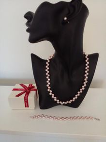 Natural Pink Pearl and silver Necklace Bracelet and Earrings