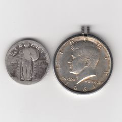 USA, 1964 kennedy half dollar, (mounted), & Quarter Dollar, 90% silver coins (no. 391)