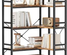 5-Tier L-Shape Corner Bookcase, 145.5cm, Brown  Easy Assembly Open Shelves Anti-Tip Kit Freestanding Compact Vintage Display Storage Living Room Bedroom Home Office