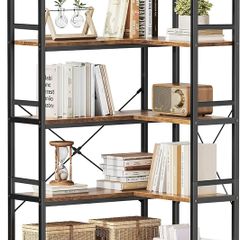 5-Tier L-Shape Corner Bookcase, 145.5cm, Brown  Easy Assembly Open Shelves Anti-Tip Kit Freestanding Compact Vintage Display Storage Living Room Bedroom Home Office