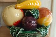 vintage 1960s Portugal made Majolica style ceramic fruit basket centerpiece very retro
