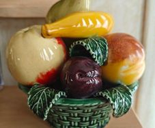 vintage 1960s Portugal made Majolica style ceramic fruit basket centerpiece very retro