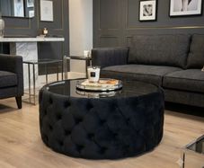 Round Velvet Coffee Table  Tinted Glass Top