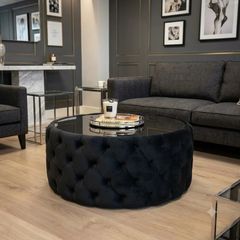 Round Velvet Coffee Table  Tinted Glass Top