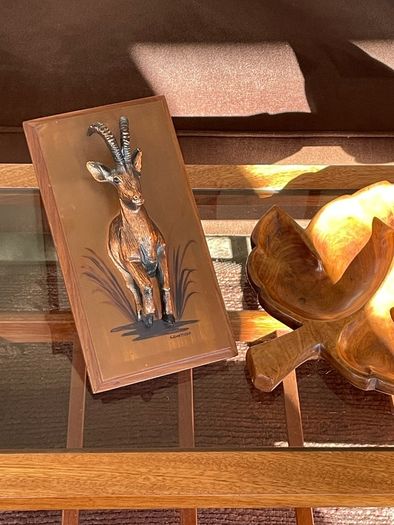 Rare Vintage Rhobard Rhonya Rhodesia Teak and Copper Sable Antelope Mounted Plaque