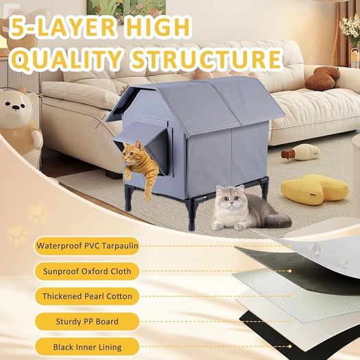 Outdoor Cat House Waterproof, Oxford Cloth Elevated Cat Shelter, Feral Cat Shelter, Insulated Pet Tent for Multiple Cats & Dogs, 18x13x15in (Standard Model)