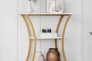 Rustic Narrow Console Table with 3 Tiers, Slim Hallway Table with Curved Metal Frame and Open Shelves, Entryway or Sofa Table for Living Room and Foyer (Marble White)
