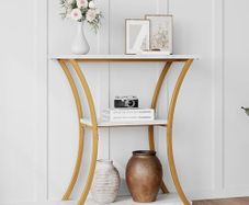 Rustic Narrow Console Table with 3 Tiers, Slim Hallway Table with Curved Metal Frame and Open Shelves, Entryway or Sofa Table for Living Room and Foyer (Marble White)