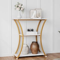 Rustic Narrow Console Table with 3 Tiers, Slim Hallway Table with Curved Metal Frame and Open Shelves, Entryway or Sofa Table for Living Room and Foyer (Marble White)