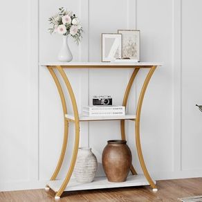 Rustic Narrow Console Table with 3 Tiers, Slim Hallway Table with Curved Metal Frame and Open Shelves, Entryway or Sofa Table for Living Room and Foyer (Marble White)