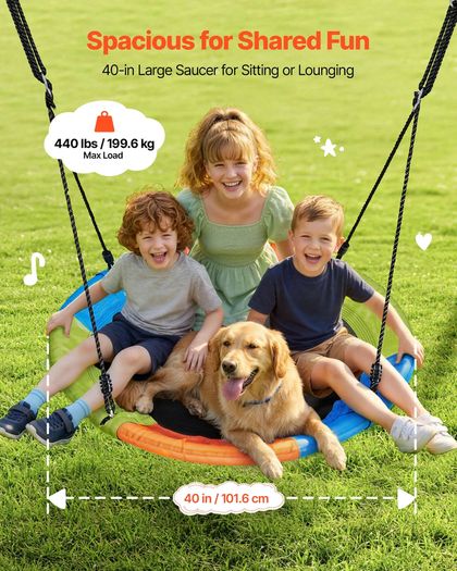 Swing Set for Backyard 100 cm Saucer Swing Seat with Heavy Duty A-Frame Metal Stand, 199.6 kg Load Capacity, Reinforced with Spiral Ground Anchors