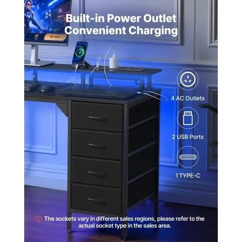 120 cm Computer Desk with Smart LED Lights and Power Outlets, Gaming Office Desk with 4 Large Drawers, Monitor Stand, Study Work for Home Office