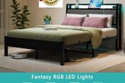Double Bed Frame, 4FT6 Bed Frame Ergonomics Double with Charging Station and LED Lights, Heavy Duty Platform Full Bed with Fabric Storage Sloped Headboard, No Box Spring Needed, (Black)