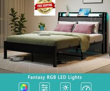 Double Bed Frame, 4FT6 Bed Frame Ergonomics Double with Charging Station and LED Lights, Heavy Duty Platform Full Bed with Fabric Storage Sloped Headboard, No Box Spring Needed, (Black)