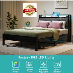 Double Bed Frame, 4FT6 Bed Frame Ergonomics Double with Charging Station and LED Lights, Heavy Duty Platform Full Bed with Fabric Storage Sloped Headboard, No Box Spring Needed, (Black)