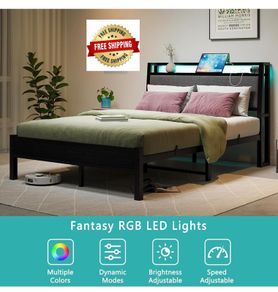 Double Bed Frame, 4FT6 Bed Frame Ergonomics Double with Charging Station and LED Lights, Heavy Duty Platform Full Bed with Fabric Storage Sloped Headboard, No Box Spring Needed, (Black)
