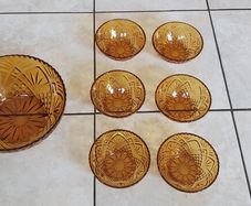 Vintage French Amber Glass Dessert Set  Sunburst Pineapple Design