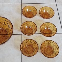 Vintage French Amber Glass Dessert Set  Sunburst Pineapple Design