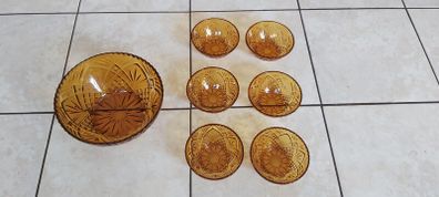 Vintage French Amber Glass Dessert Set  Sunburst Pineapple Design