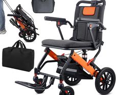 Ultra-Light Transport Wheelchair, Folding Portable Wheelchair with Hand Brake, Trolleys for Elderly Aircraft Travel, Wheelchairs for Adults (with Travel Bag/Backbag) (with Telescopic Handle)
